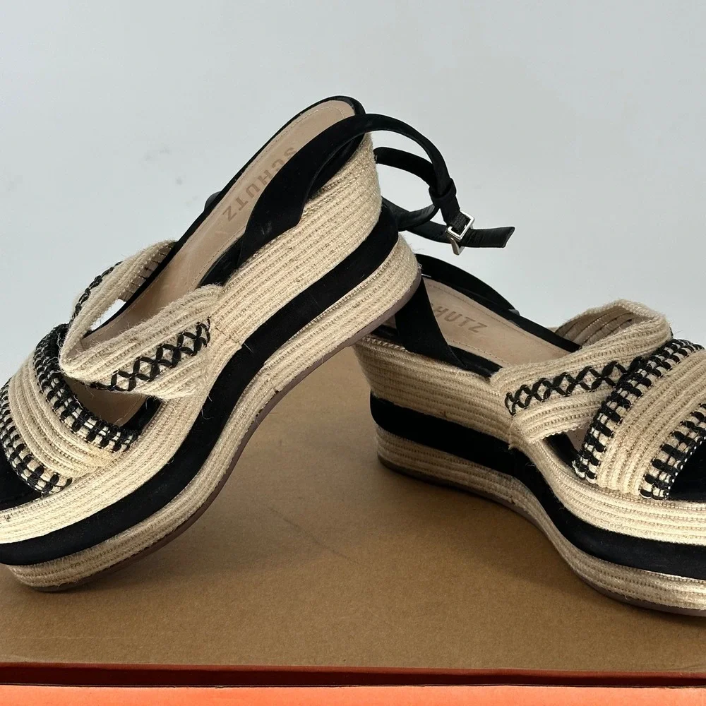 Schutz Denes‎ Platform Espadrilles Black Cream Open Toe Sandal 6.5 Summer Resort
